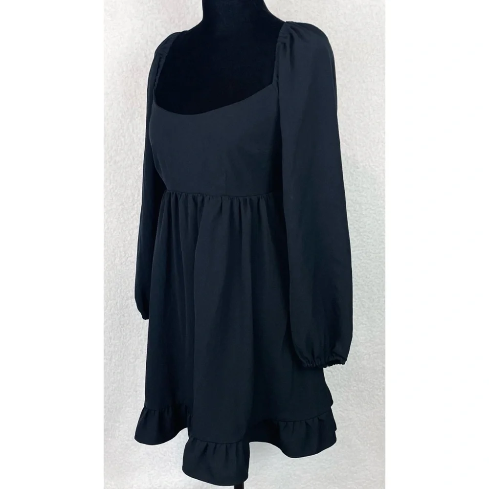 ABERCROMBIE & FITCH • Black Ruffle-Trim Long Sleeve Babydoll Mini Dress, SP - Picture 7 of 16
